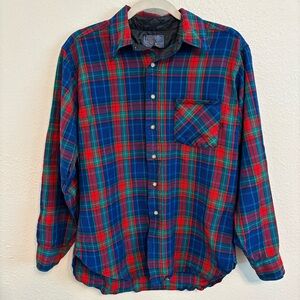 VTG Pendleton Wool Plaid Flannel Shirt Men L Blue Red Green Quilted 50s Flawed